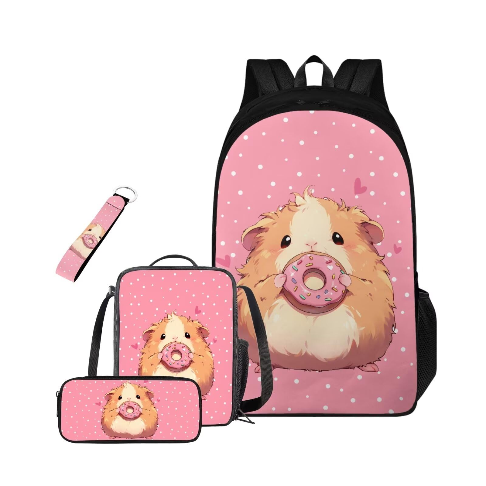 FOR U DESIGNS Guinea Pig Donuts School Backpacks for Girls with Lunchbox Kawaii Pink Kids Bookbag Set for School Lightweight 4 Piece School Bag Set