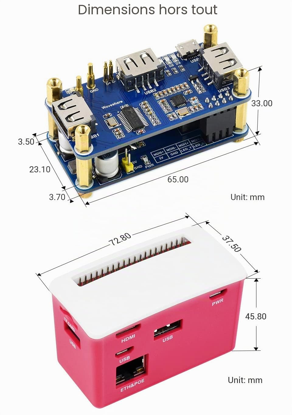 Waveshare PoE Ethernet/USB HUB Box for Raspberry Pi Zero Series 3X USB 2.0 Ports 802.3af-Compliant Compatible with Zero Series Boards