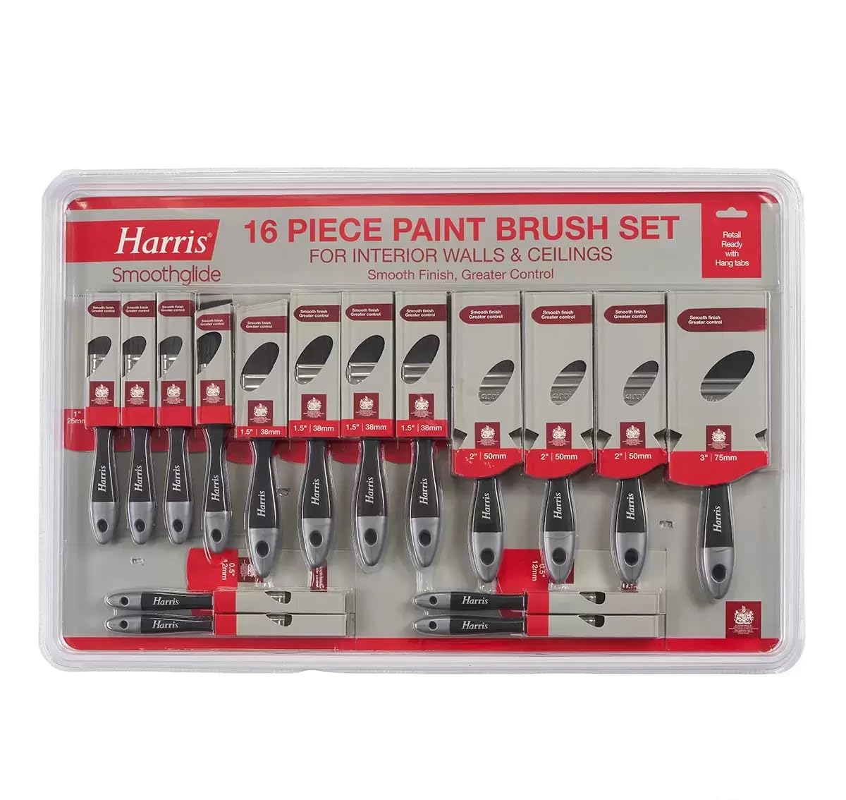 Smoothglide Paint Brush Set For Interior Walls & Ceilings, Smooth Finish, Greater Control - Pack of 16