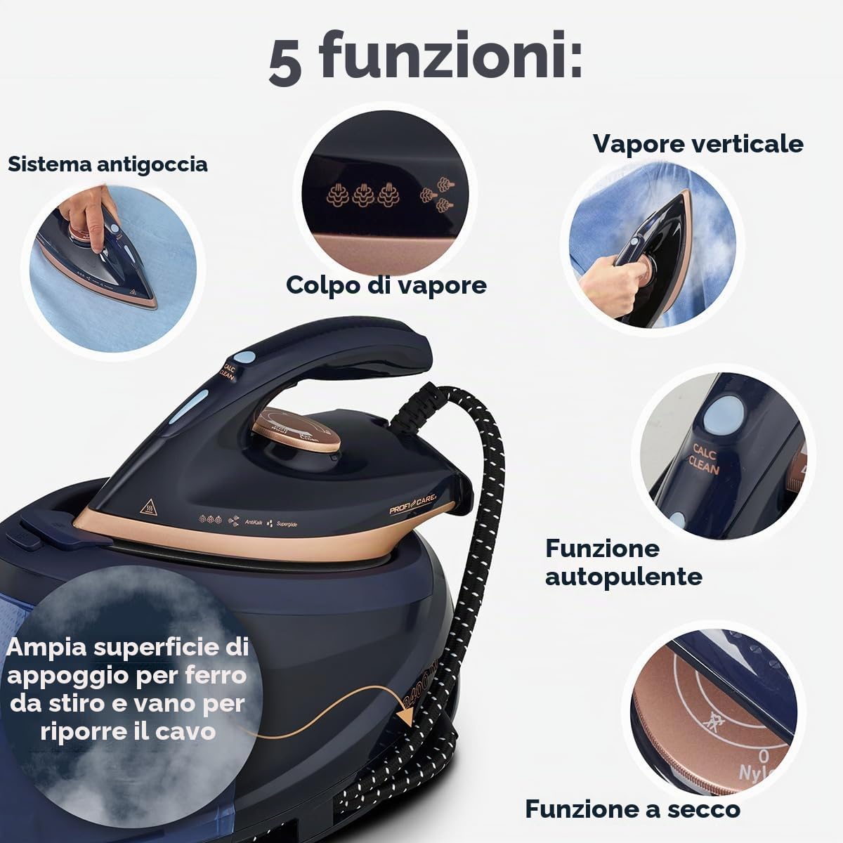 Stazione di stiratura a vapore ProfiCare® | Piastra in ceramica Superglide | Stazione di stiratura da 2400 W | Potente erogazione di vapore 150 g/min | Pressione 4 bar | PC DBS 3127