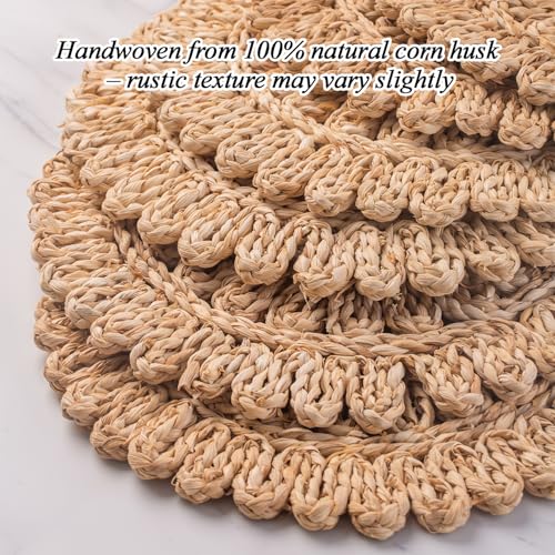 Image of Laquedecraft 13.8 inch Set of 8 Round Corn Husk Placemats | Boho Woven Rattan Table Mats | Farmhouse Wicker Spring Plate Chargers Like Water Hyacinth, Seagrass for Wedding, Party, Christmas, Events