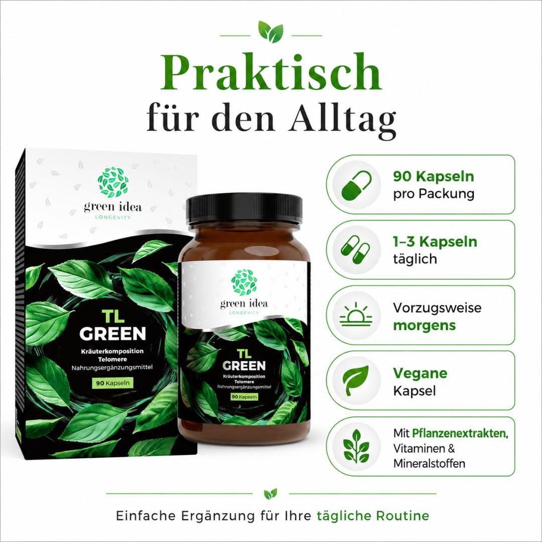 Green idea LONGEVITY TL GREEN Kapseln 90 Stück – Longevity Komplex mit Grüntee Extrakt, Astragalus, Resveratrol, Rhodiola, Selen, Zink, Vitamin D3 & B-Komplex – veganes Nahrungsergänzungsmittel