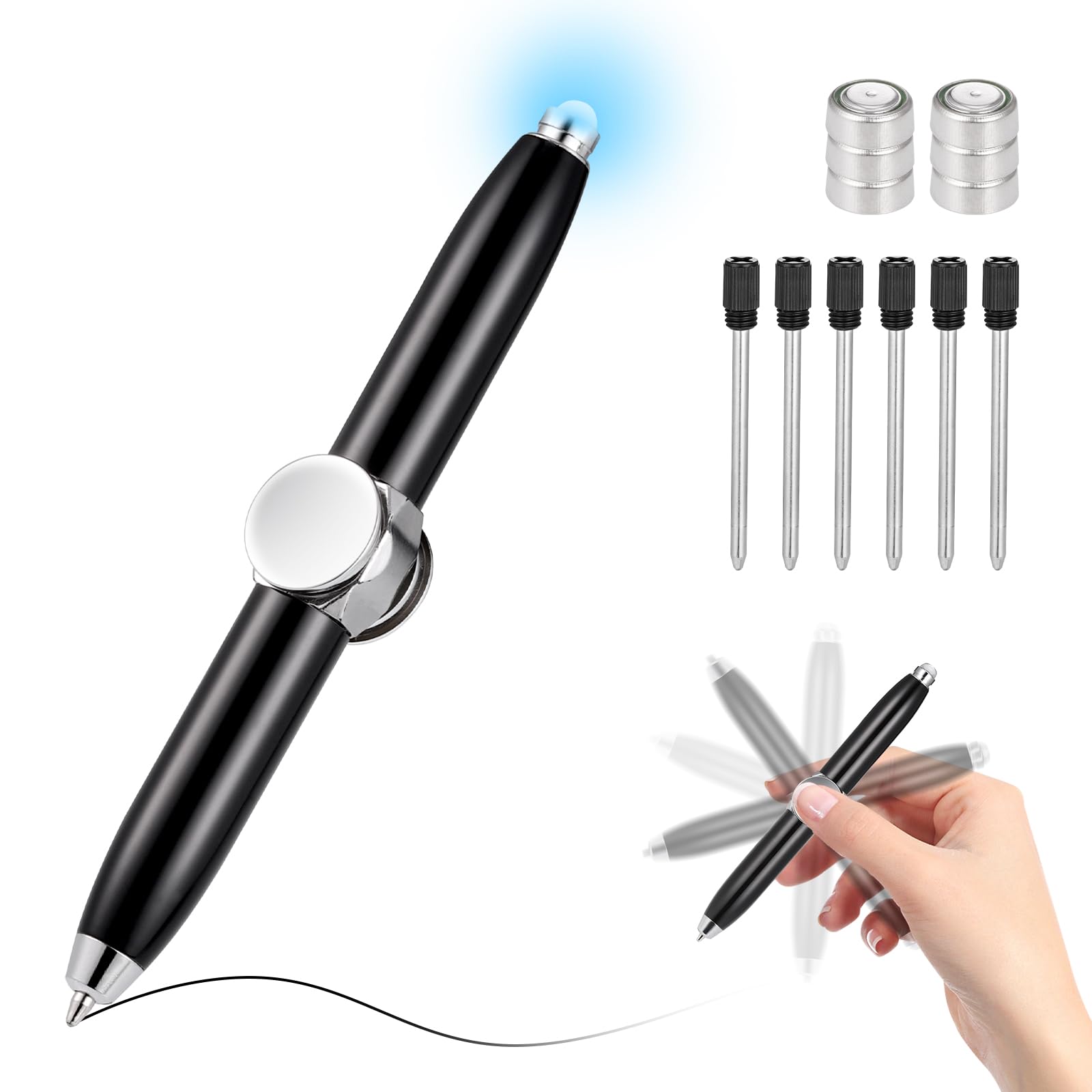 JIZZU Fidget Pen With LED Light, Help Thinking & Relieve Stress Fidget Ballpoint Pen for Anti Stress Anxiety Gift Pen