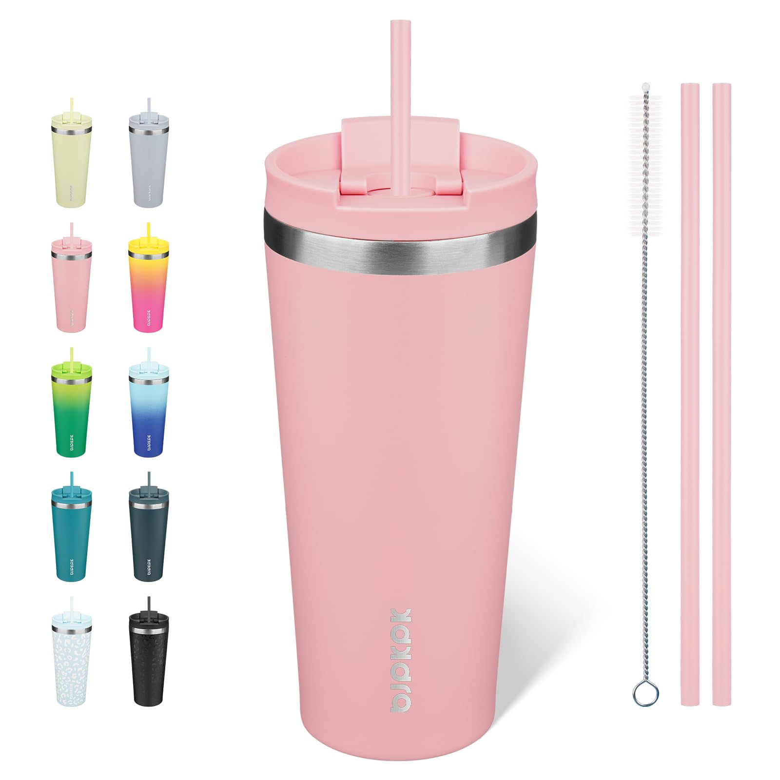 BJPKPK 22oz Tumbler with lid and Straw Stainless Steel Travel Coffee Mug Insulated Tumblers Cups,Light Pink