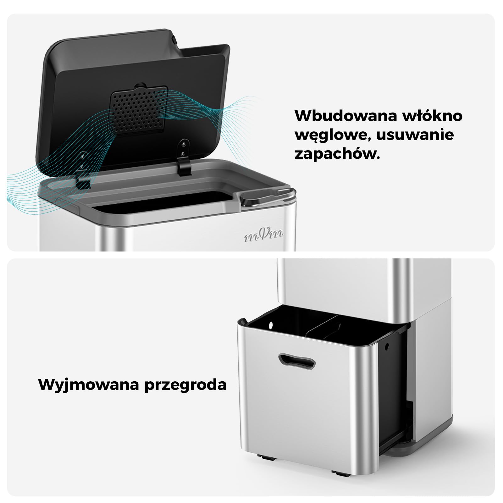 mVm Kosz na Śmieci do Segregacji Odpadów 63L 3 Komory, Stal Nierdzewna, Duża Pojemność, Kosz Kuchenny z Pokrywą Soft Close, Nowoczesny Pojemnik do Recyklingu