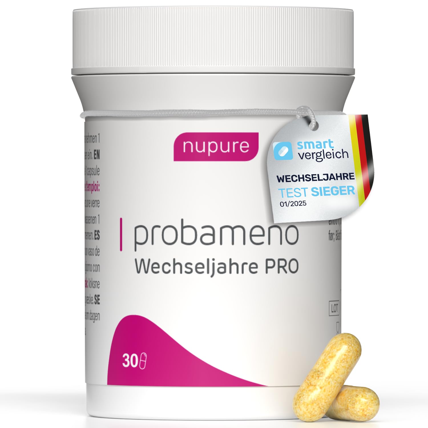 Nupure® Probameno Meno Komplex Wechseljahre Kapseln 11 in 1 PRO Unterstützung bei Menopause, Rezeptur mit Salbei, Safran, 5 klinisch getesteten Bakterienstämmen, 5 Mrd. KBE, Vegan, 30 Kapseln