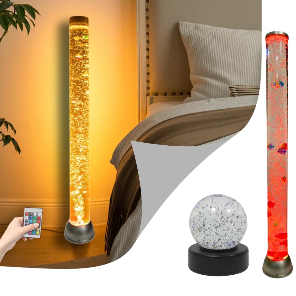 Playlearn Sensory Bubble Tube & Remote 90cm with Light-Up Glitter Ball - Bubble Tower Lamp Mesmerizing Aquarium Experience with Color-Changing LED Lights - Perfect for Sensory Stimulation
