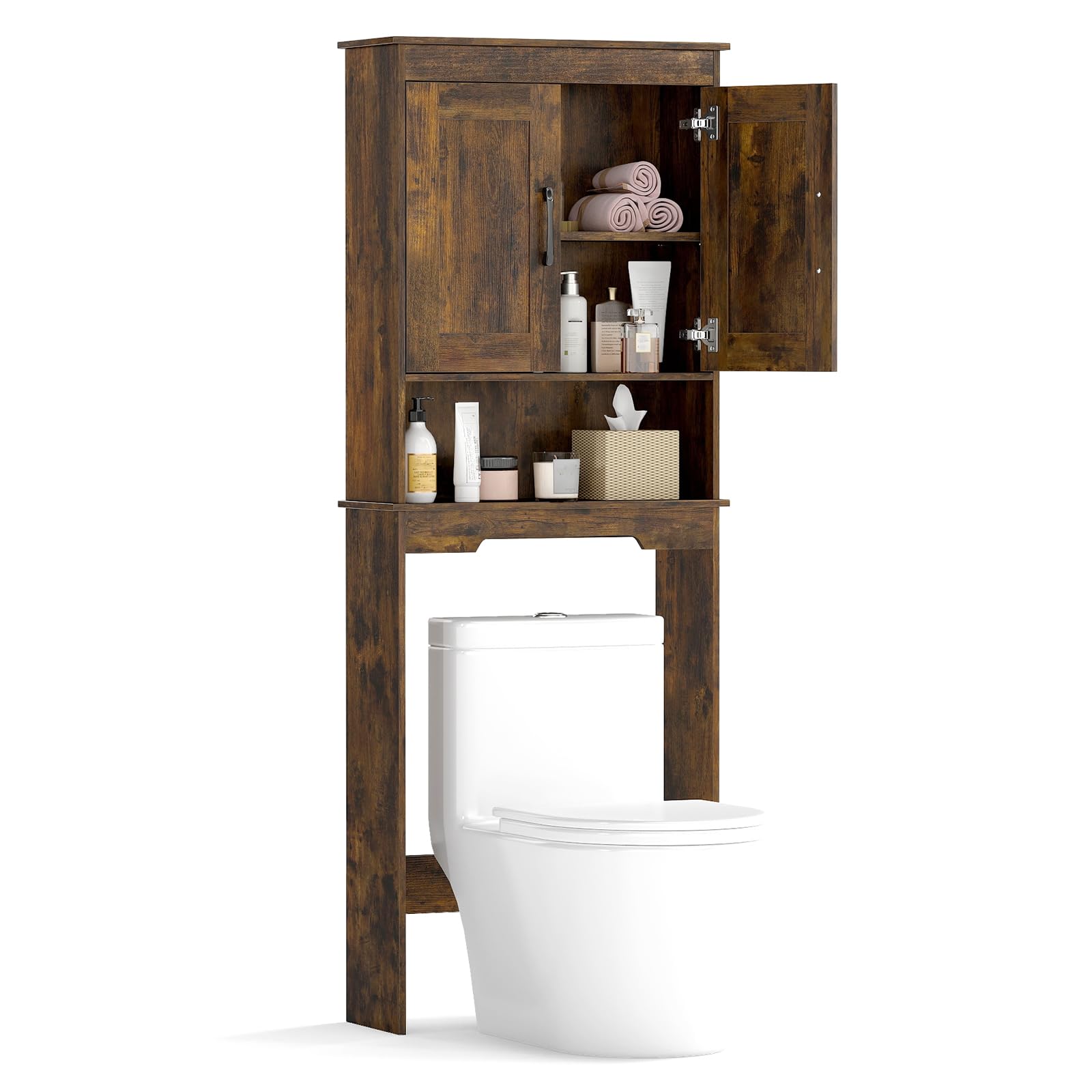 COSTWAY Over Toilet Storage Unit, Freestanding Bathroom Space Saver with 2 Doors and Adjustable Shelf, Wooden Above The Toilet Cabinet Laundry Organizer Rack (Rustic Brown)