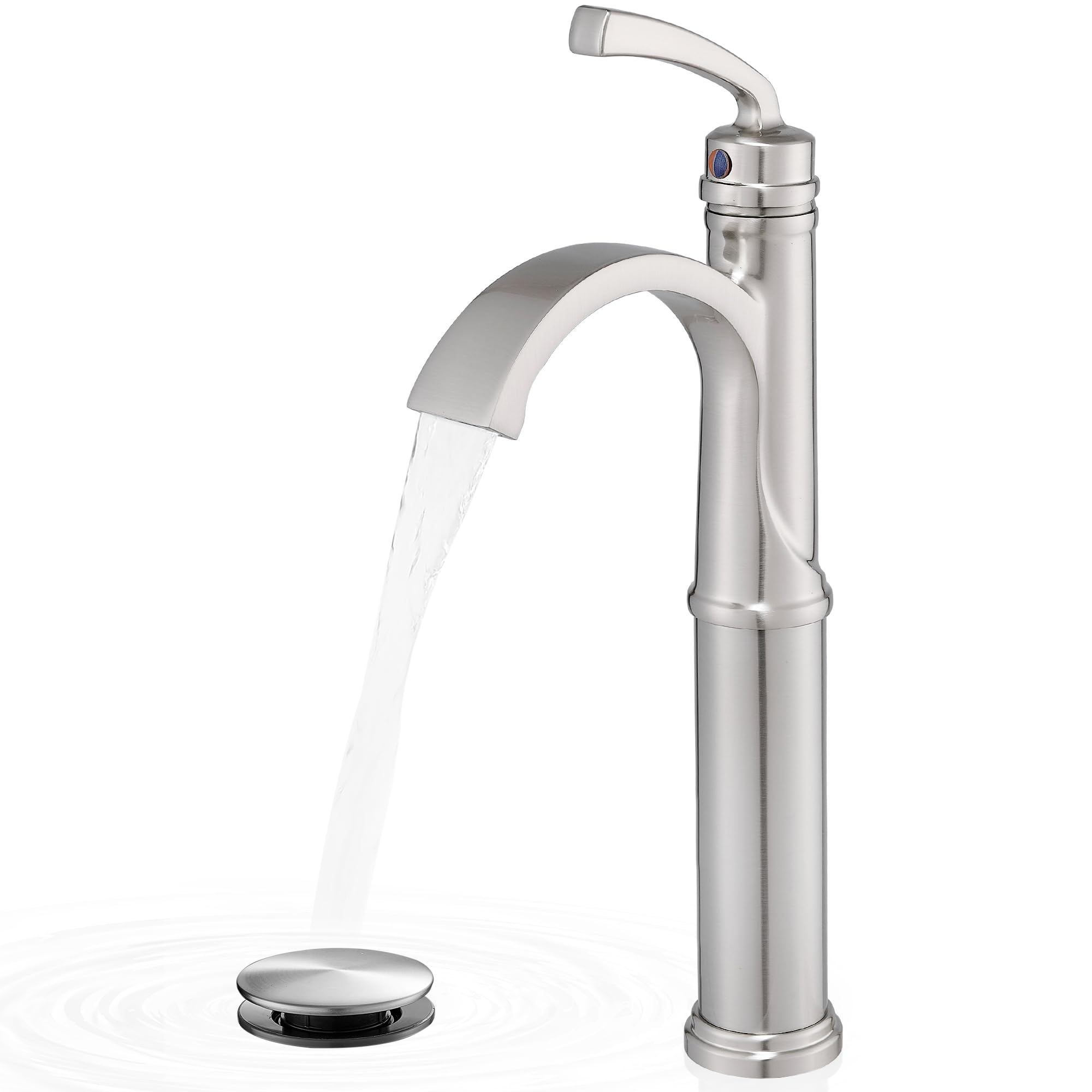 Hcfyauis Brushed Nickel Bathroom Vessel Sink Faucet Brass Tall Waterfall Bathroom Faucet 1 Hole Bathroom Sink Faucet Single Handle Bathroom Faucets With Water Lines Pop-Up Drain