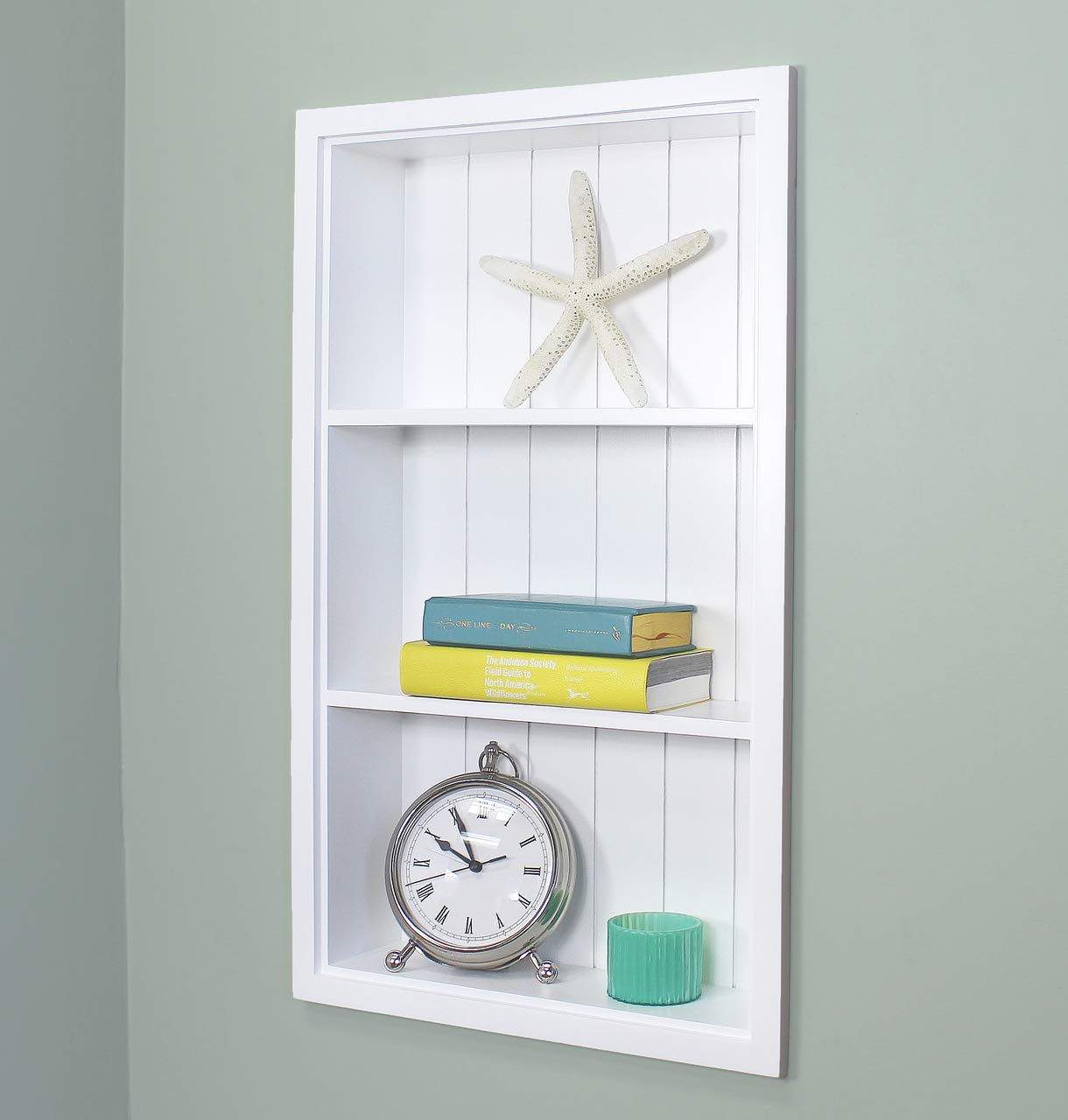 Fox Hollow Furnishings14x24 Recessed Sloane Wall Niche - Wall Shelf for Storage and Home Decor, 3 Shelves (White with Beadboard Back)
