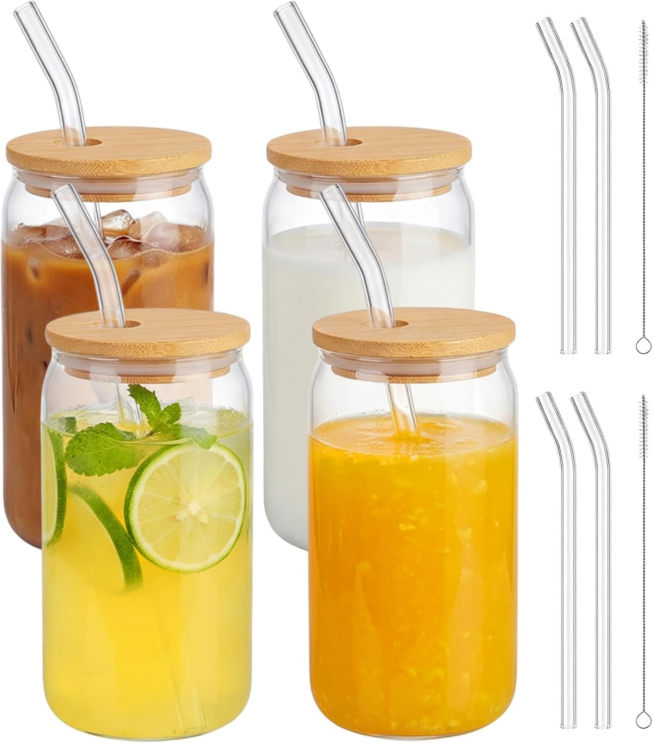 Hekamu 8 Pcs 16 Onzas Vasos de Vidrio para Beber, Tipo Lata de Vidrio con Tapas Popotes y Cepillo de Limpieza, Para Cerveza Taza de C?ctel Adecuados de Caf? Helado Vasos,copas Cola y Zumo (4)