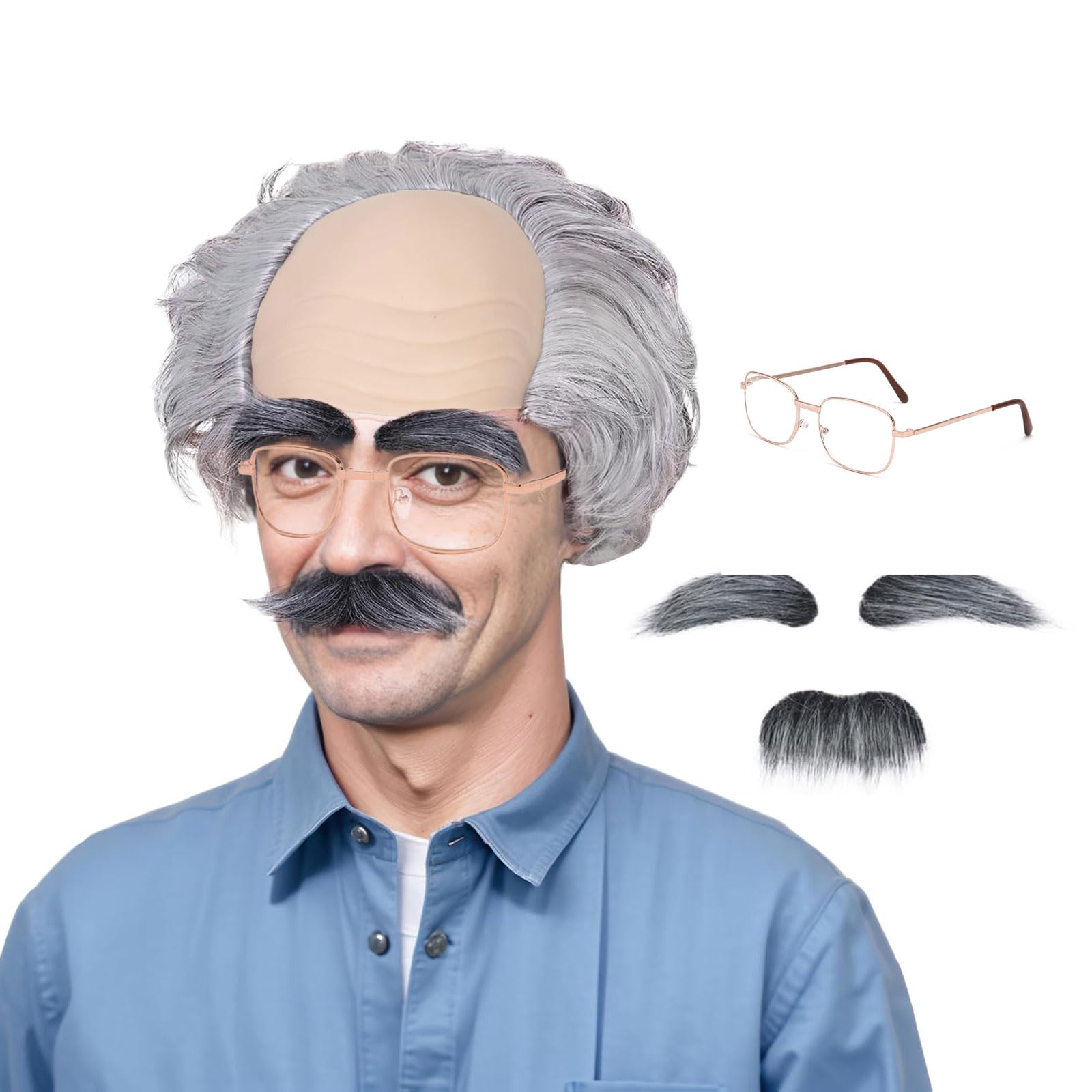FOUNSHO Old Man Bald Wig for Adults Grandpa Fancy Dress Balding Cap with Short Wavy Gray Hair On Sides Old Man Costume Fake Mustache Eyebrows Sunglasses