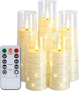 IMAGE Flickering Flameless Candles Battery Operated, Acrylic Shell Pillar 3D Wick LED Candles with 11-Key Remote Control Timer for Wedding Christmas Home Decor Set of 5 (D2.3 in X H5 5 7 7 8 in), Ivory