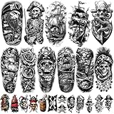 77 Sheets Pirate Temporary Tattoos Adult Men Kids Captain Pirate Ships Flag Sailor Anchor Sailboat Skull Fake Tattoos, Pirates Stickers for Costume Dress Up Makeup Party Accessories