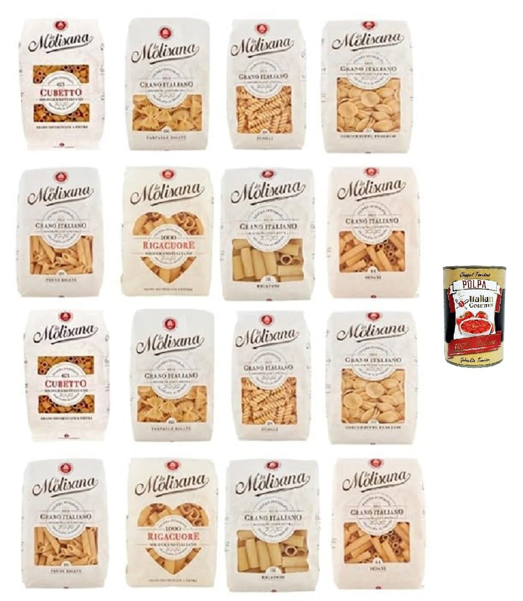La Molisana Pasta Mix 16×500 g (2×Cubetto, 2×Farfalle Rigate, 2×Fusilli, 2×Orecchiette, 2×Penne Rigate, 2×Rigacuore, 2×Rigatoni, 2×Sedani) – italienische Hartweizenpasta + Italian Gourmet polpa