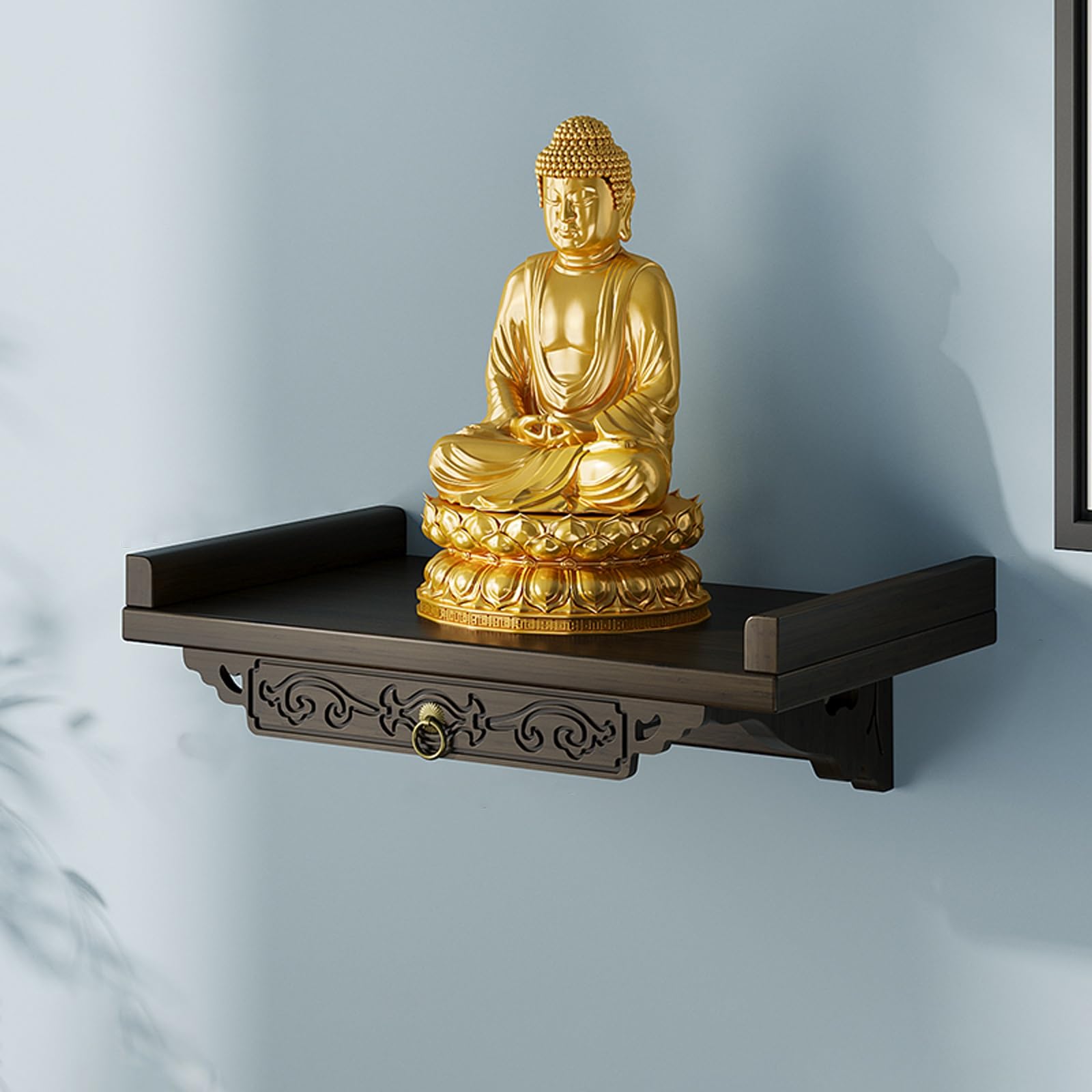 JNTFNE Buddha Altar Table, Wall-Mounted Personal Shrine, Wood Buddhist Shelf for Home, God Wealth God, Guanyin, Statue(Wall-mounted,Small)
