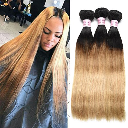 Aigemei Brazilian Virgin Hair Straight Bundles 3pcs Brazilian Human Hair Weave Ombre Brazillian Human Hair Bundles 100% Virgin Hair Extensions(20''22''24'',#1B/27)