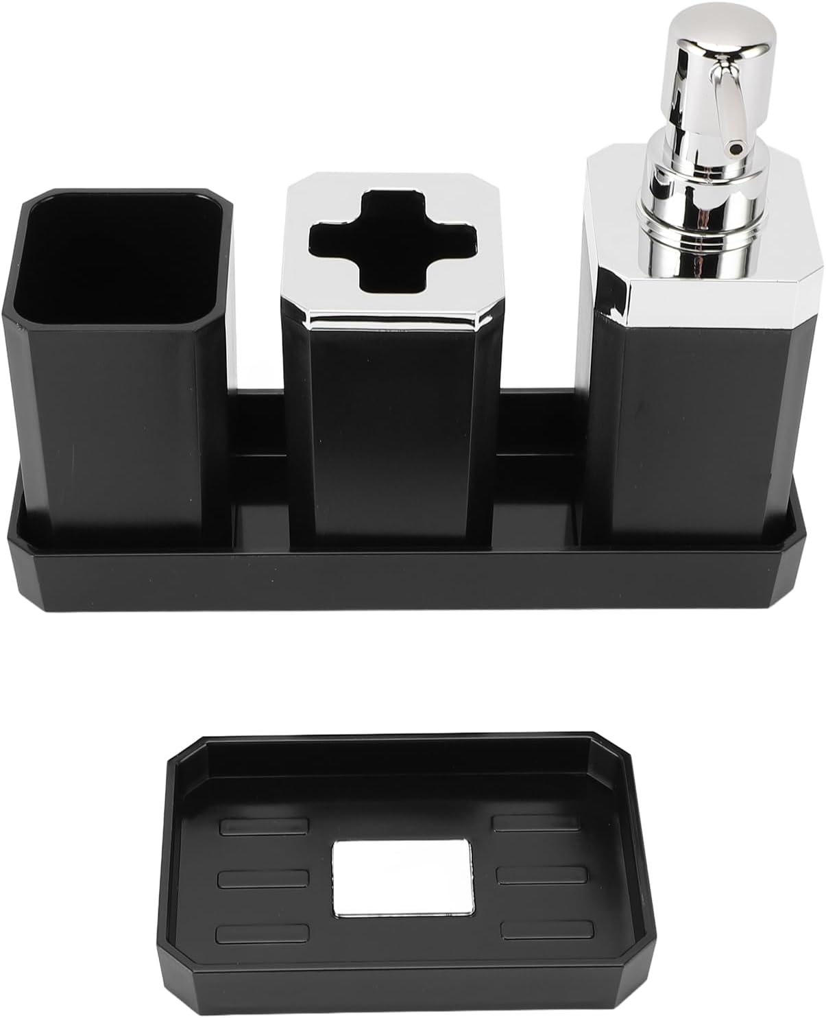 Bathroom Accessories Set | Gray Bath Ensemble Includes Toothbrush Holder, Lotion Bottles, Soap Dish, Cup & Tray | Elegant & Easy to Clean for Home or Hotel Use (Black)