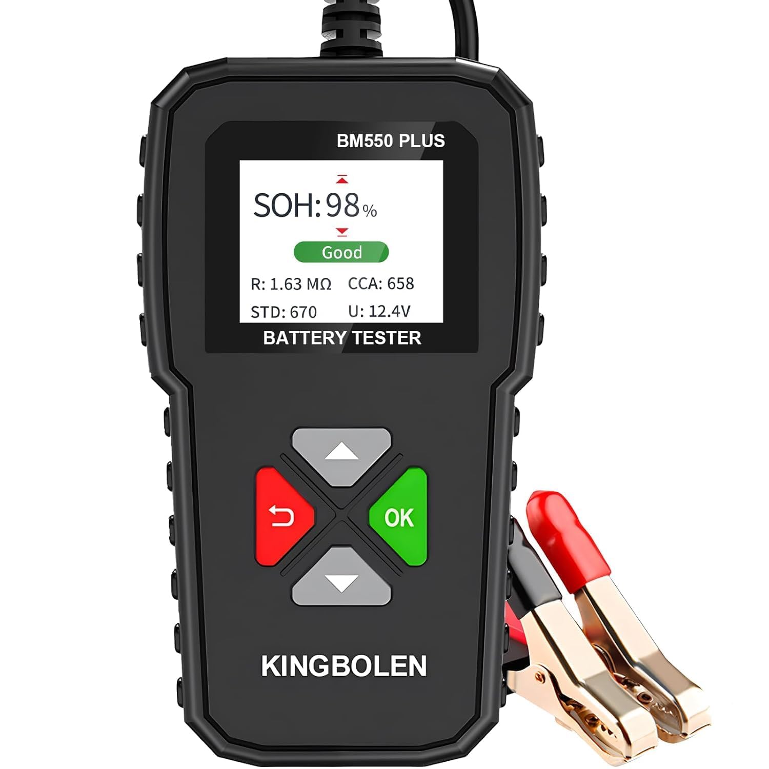 KINGBOLEN Comprobador de baterias de coche 24V/12V/6V, BM550 PLUS 2-220Ah 100-2000 CCA Pantalla LED arrancador baterias coches comprobador de pilas para coche apto para automóviles motocicleta ATV SUV
