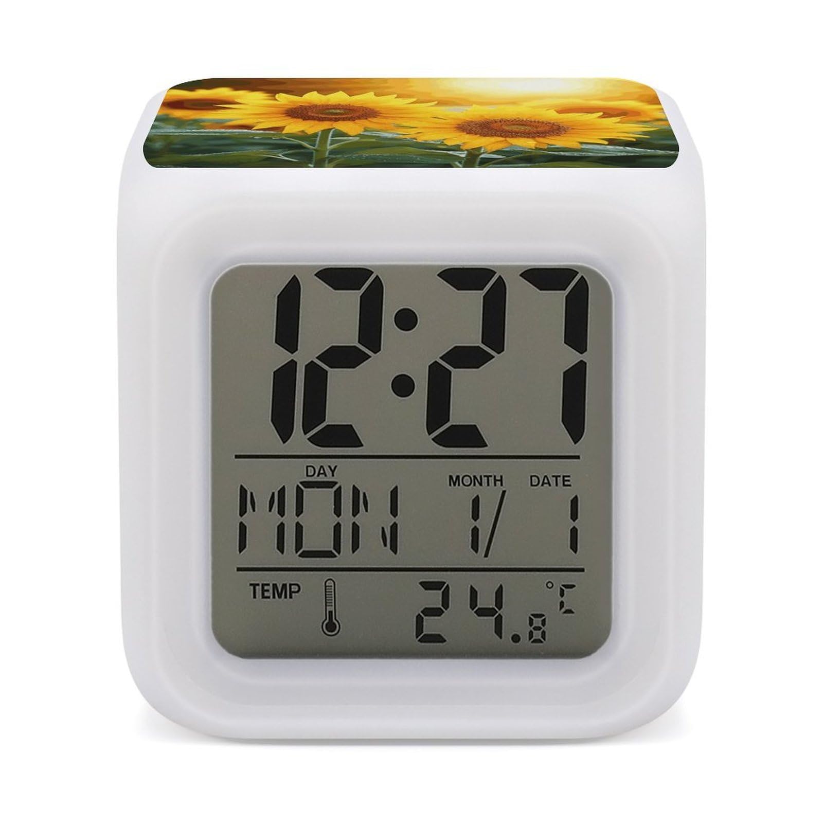 FekiLoot Sunflower Flowers Alarm Clock with 7 Color Changing Night Light,Battery Operated Digital Clocks with Temperature Display Tiny Electric Clock LED Sleep Timer for Room Decor