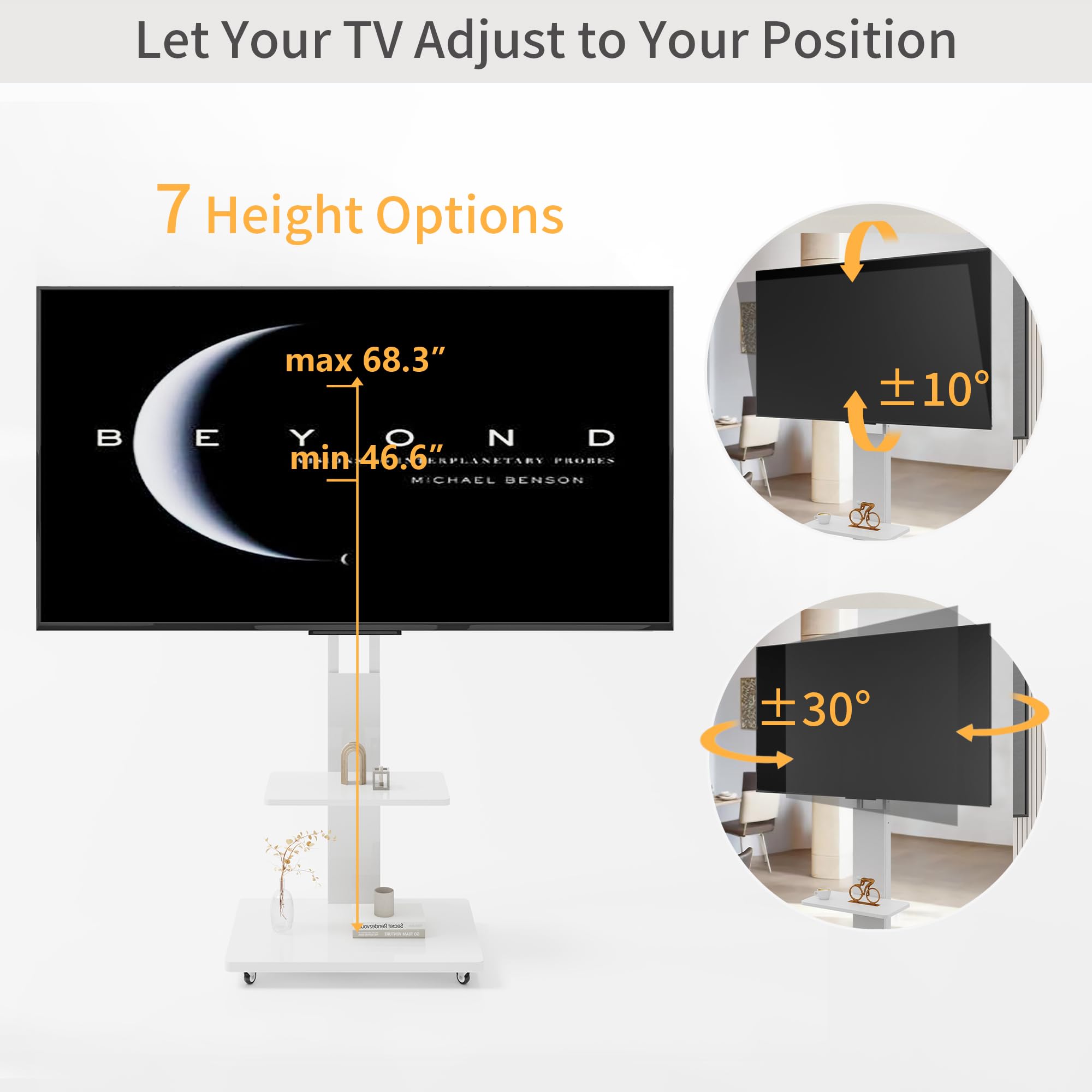 Rollender TV-Ständer mit Ablage für 32-75 Zoll LCD LED OLED Plasma Flach/Curved Panel Bildschirme, TV-Wagen für Wohnzimmer, Schlafzimmer, Büro, Holzregal, Weiß