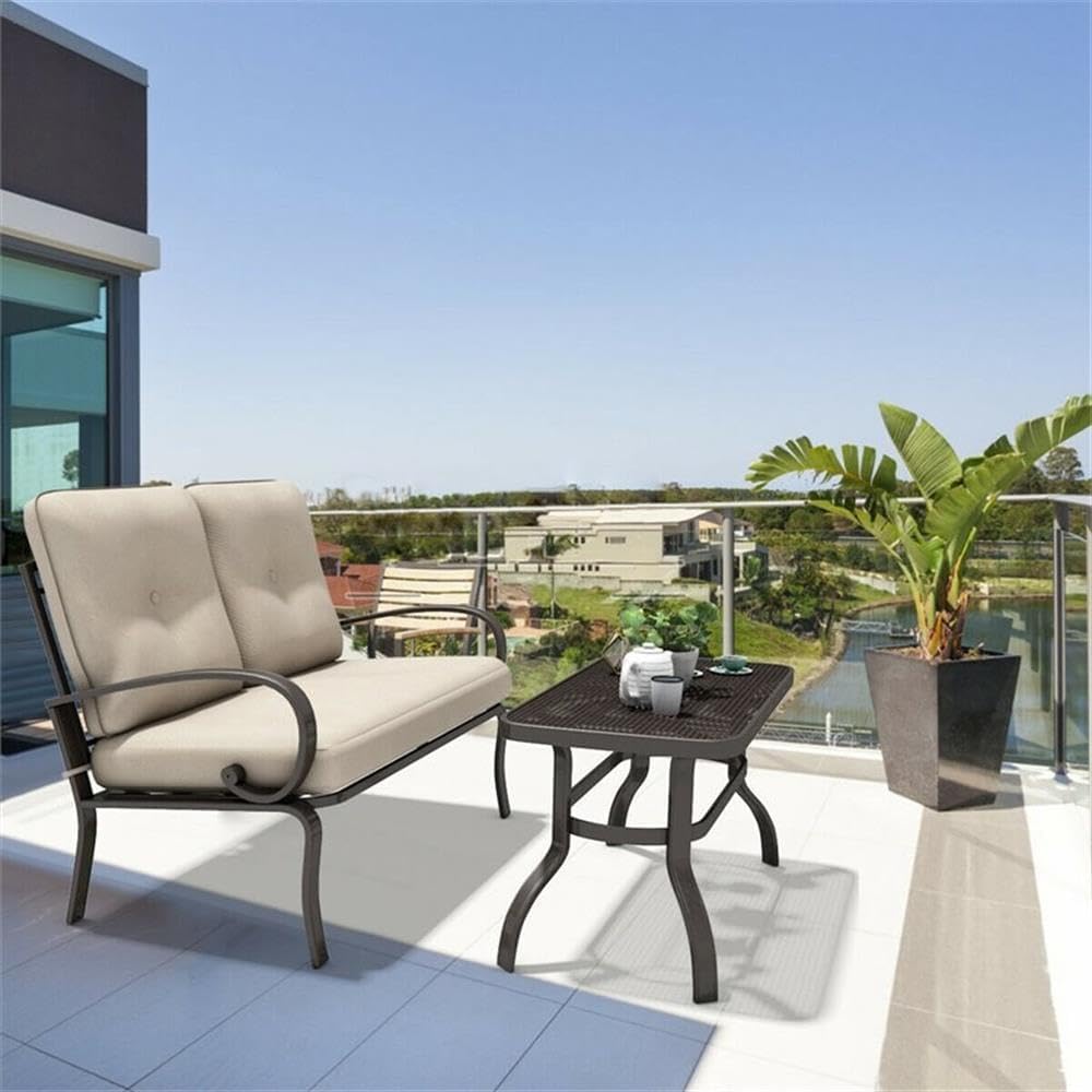 Pemberly Row 2-Piece Steel Patio Furniture Set, Beige Olefin Cushions, Loveseat 47.4 x 29.1 x 33.9 in, Coffee Table 35.8 x 20.1 x 18.1 in, Hollow-Carved Table, Durable Outdoor Seating for Patio,