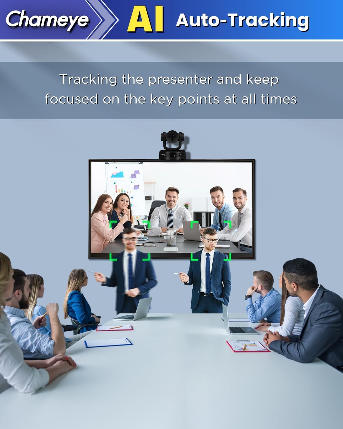 Chameye 4K PTZ Telecamera per Conferenze, con Tracciamento Automatico AI zoom ottico 10x, HDMI LAN(PoE), USB3.0, Plug & Play, 4K Telecamera Videoconferenza, YouTube OBS vMix Streaming, C410