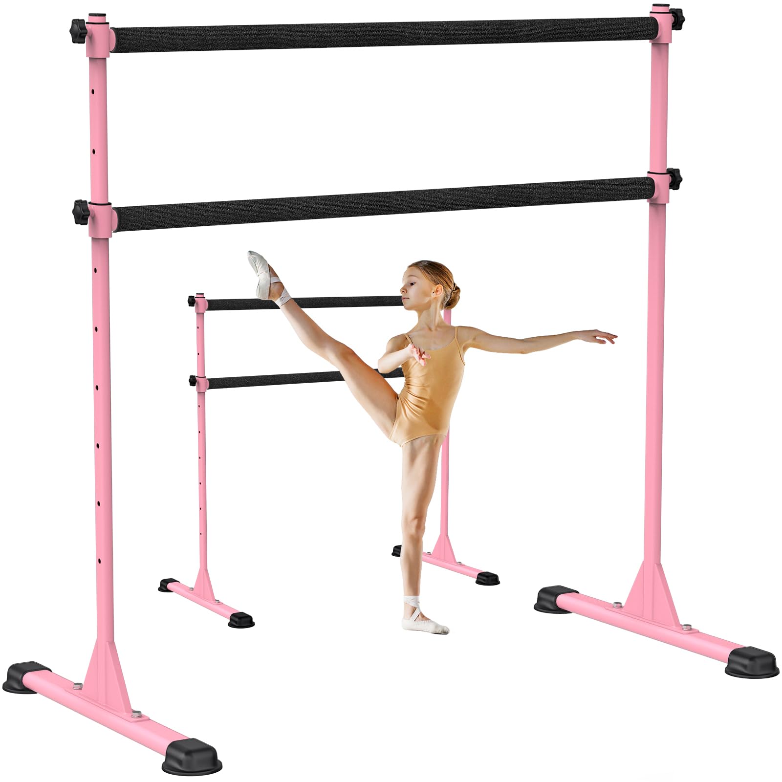 Dolibest Ballet Barre Freestanding, 10 Height Adjustable Ballet Bar Portable Pink Stretching Dance Bar with Non-Slip Rubber Pads & Cloth Wrapped for Girls Kids Adults Home Workout Fitness, 120 x 71cm