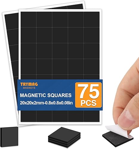 Miniatura 1 de TRYMAG Cuadrados magnéticos con parte trasera adhesiva, 70 imanes autoadhesivos cuadrados (cada uno de 0.78 x 0.79 x 0.78 pulgadas), tiras
