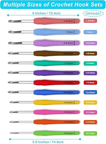 Miniatura 2 de Juego de ganchos de ganchillo de 12 tamaños, 55 piezas ergonómicas para principiantes, ganchos de ganchillo de hilo de 2 a 0.315 in para manos