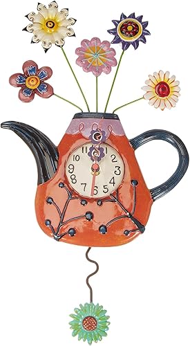 Enesco Allen Designs - Reloj de pared de tetera de flores, reloj analógico de péndulo a pilas, relojes decorativos de resina de piedra para paredes,