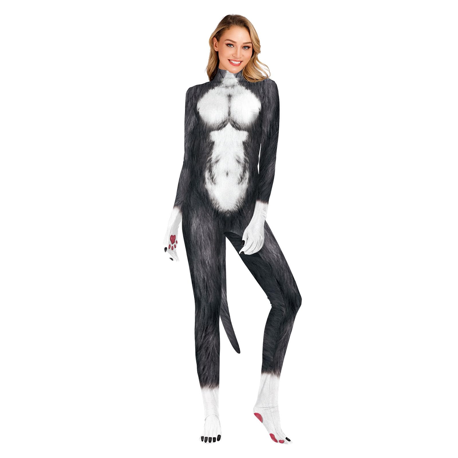 Men's Animal Bodysuit Costume with Big Tail Print Petsuit Spandex Furry Jumpsuit Cosplay Halloween Party