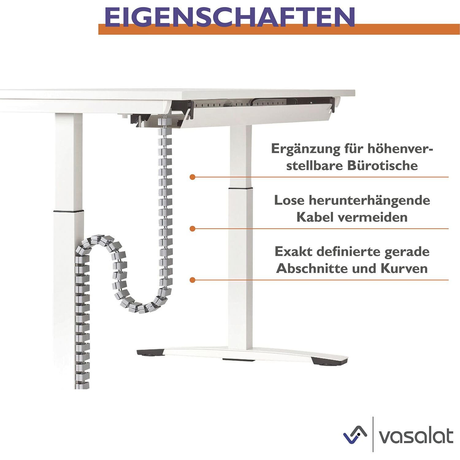 vasalat Set completo di passacavi da scrivania, con passacavi, 90 x 90 mm, canalina magnetica per cavi, clip di fissaggio e magneti, colore alluminio, lunghezza 580-750 mm