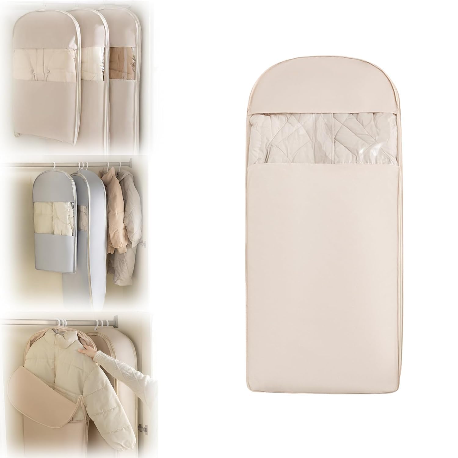 Ysinobear Beige Space Saving Hanging Garment Bag With Self Compression Zipper,Space Saver Closet Organizers,Large Dust Cover Clothes Bags For Down Coat,Dust Cover Clothes Storage Bags ﻿ ﻿ (, L)