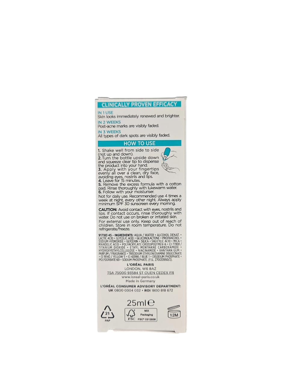 L'Oréal Paris Peeling odnawiający skórę, dla poprawy struktury skóry i równomiernego odcienia skóry, z efektem złuszczania, nadaje się do wszystkich rodzajów skóry, Bright Reveal Dark Spot Peeling, 25