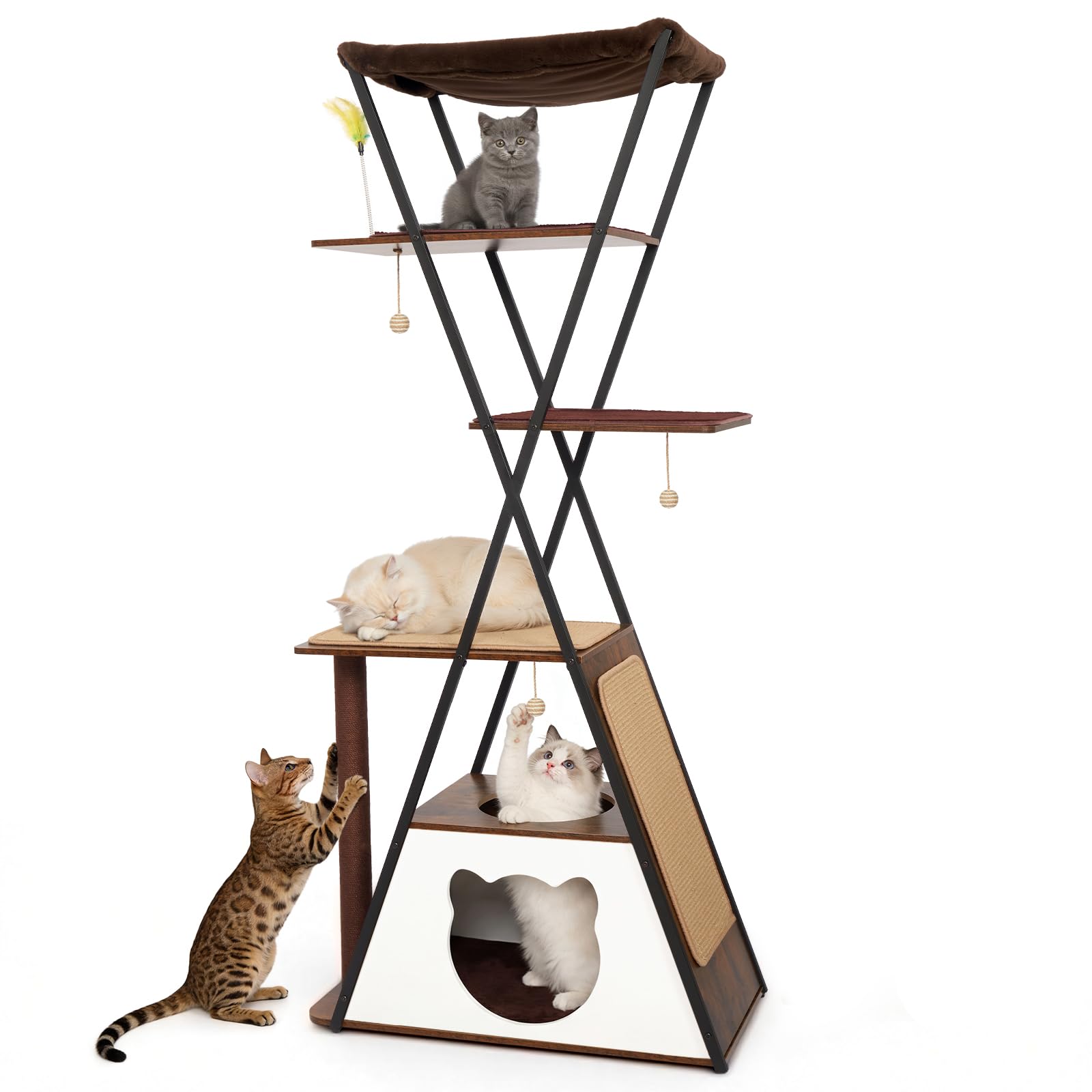 71" Modern Wood Cat Tree for Large Cats—Heavy Duty Tall Cat Tower for Indoor Cats, Multi-Level Cat Furniture with Condo, Large Perch, Scratching Posts & Hammock (Burnt Wood with White Cave)