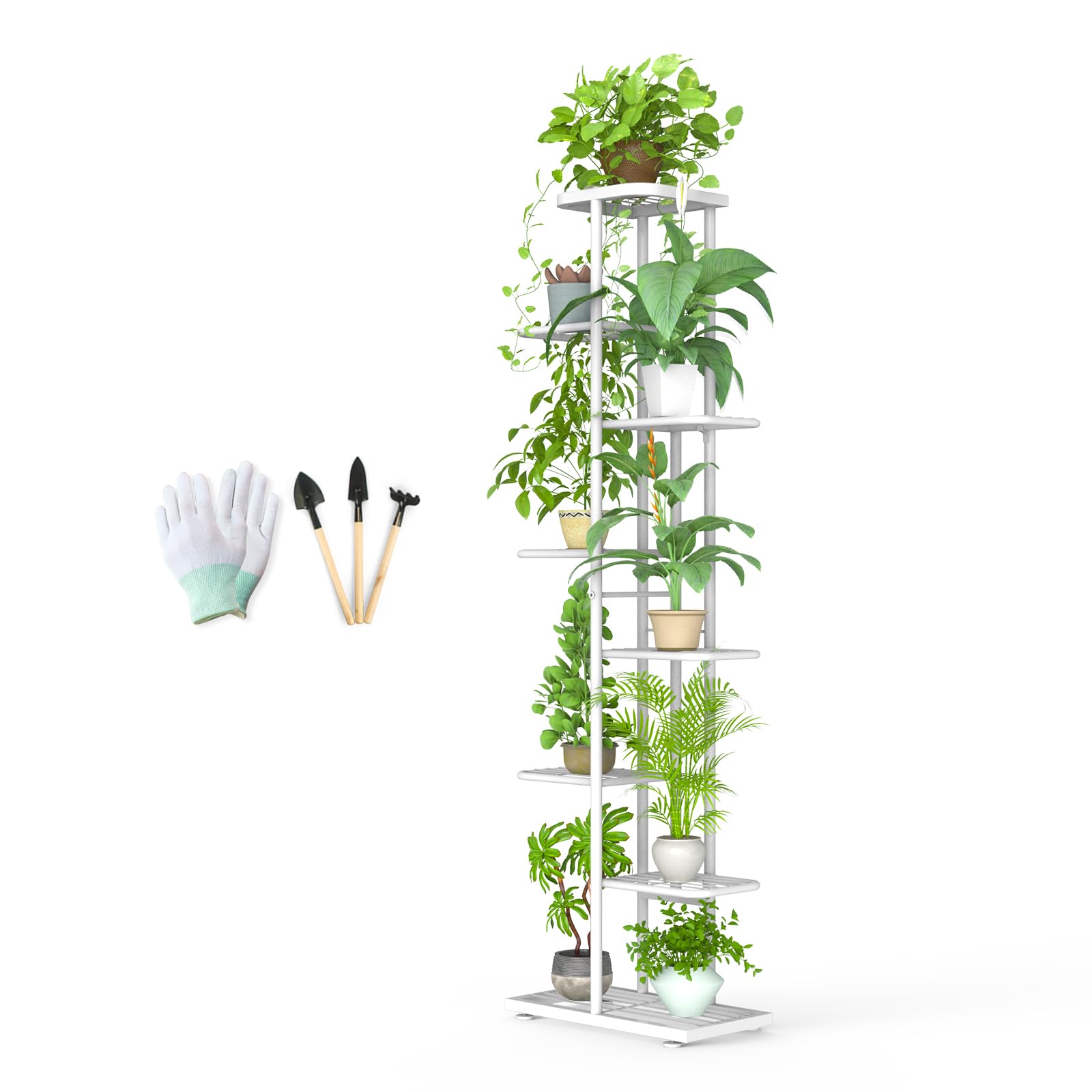 8 Niveles Soporte para Plantas de Interior con Herramientas de Jardinería y Guantes, 141cm Esquinero Estanteria para Plantas de Metal Soporte para Exterior Alto Macetero Patio Balcón, Blanco