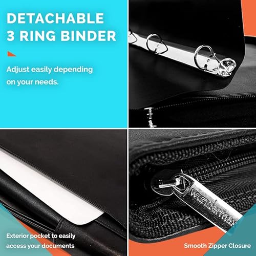 Wundermax Portfolio Binder - 13 X 10.5 X 1.8 Inch, Vegan Leather, 3-Ring Padfolio For Women And Men W/Zipper, Detachable Binder, Notepad And Pockets For Tablet, Resume And Documents - Black #TOP4