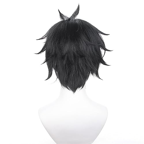Vista 4 de XiongXiongLe Peluca negra corta y esponjosa para Halloween, disfraz de hombre, pelucas de pelo sintético para adultos, para fiesta