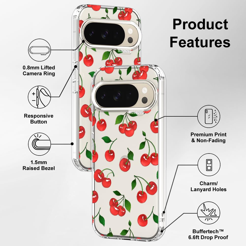 MOSNOVO Case for Google Pixel 10 & Pixel 10 Pro, [Buffertech 6.6ft Military-Grade Drop Protection] [Anti Peel Off Tech] Clear TPU Bumper Phone Case Cover Design - Cute Cherry — view 625