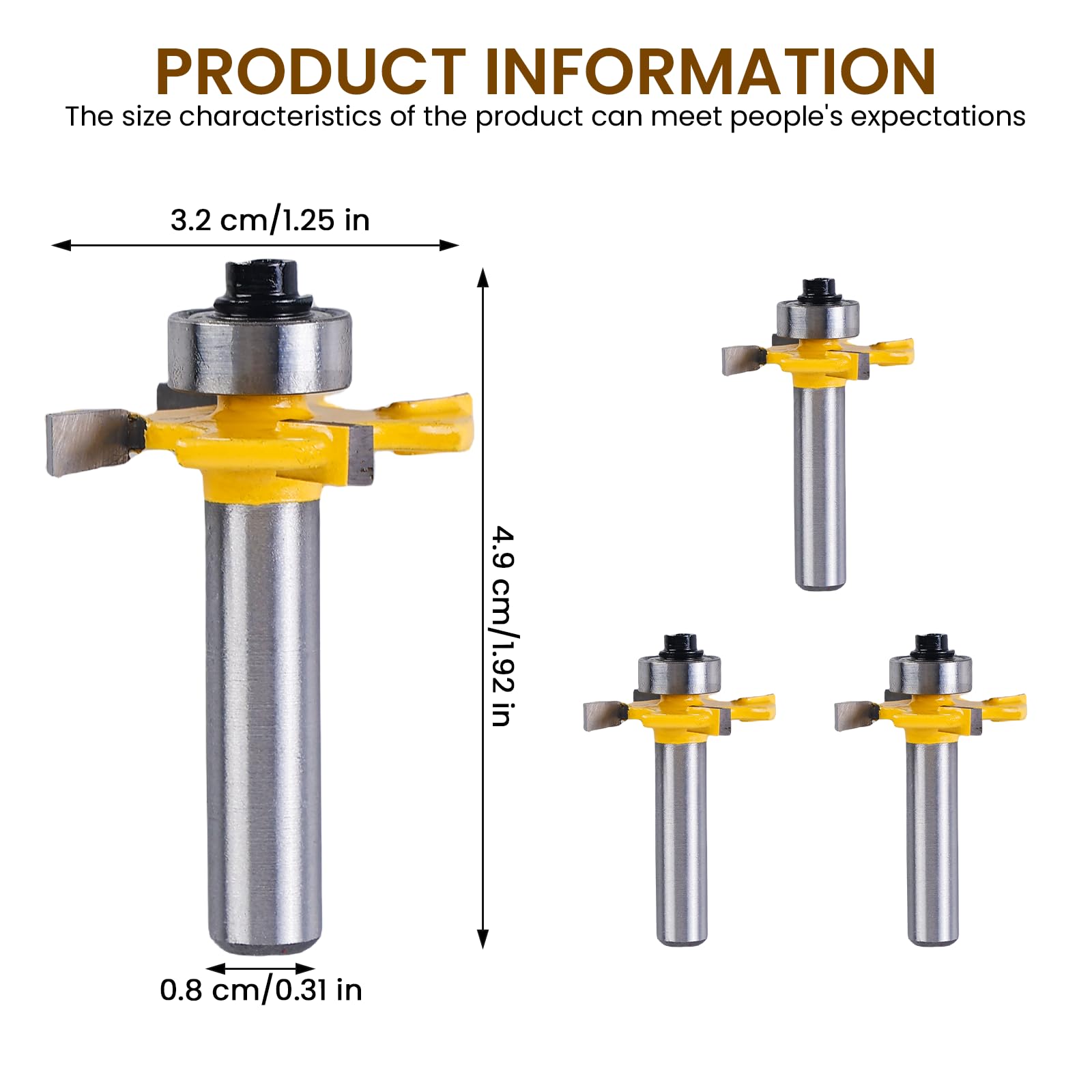Lot de 4 fraises à rainure en T - Tige de 8 mm - Accessoires professionnels - Fraise à bois - Fraise à rainurer et à ressort - 4 dents en forme de T - Fraise à planer pour défonceuse L 3 mm, 4 mm, 5