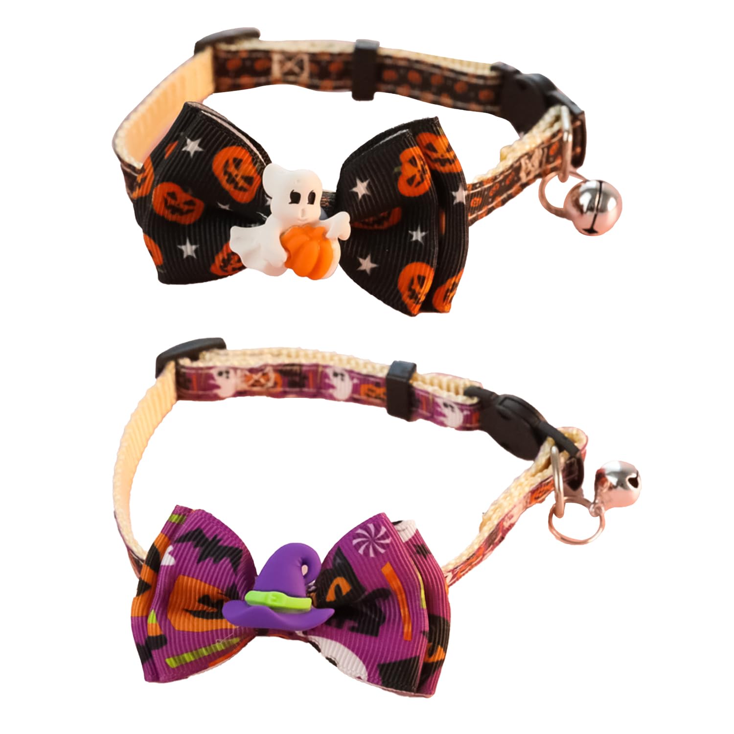 JNAWA 2Pieces Halloween Pet Collars Soft Collars with Bow Tie Ghost and Hat Pattern Collar Adjustable Pet Collar Decor for Dogs and Cats