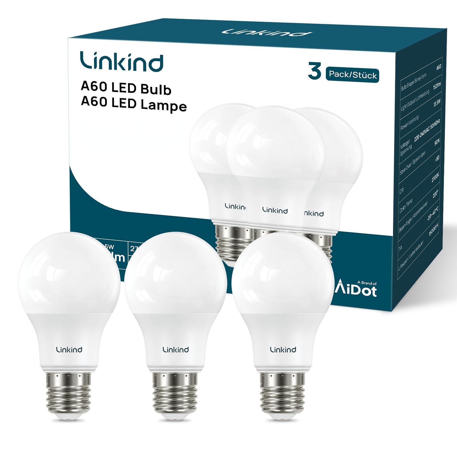 Linkind E27 Screw Bulbs 8W, Daylight 5000K E27 LED Bulb, 60W Equivalent, 840LM, Large Screw in LED Light Bulb, Energy Saving ES GLS Bulbs for Lamps, Non-Dimmable, Pack of 3