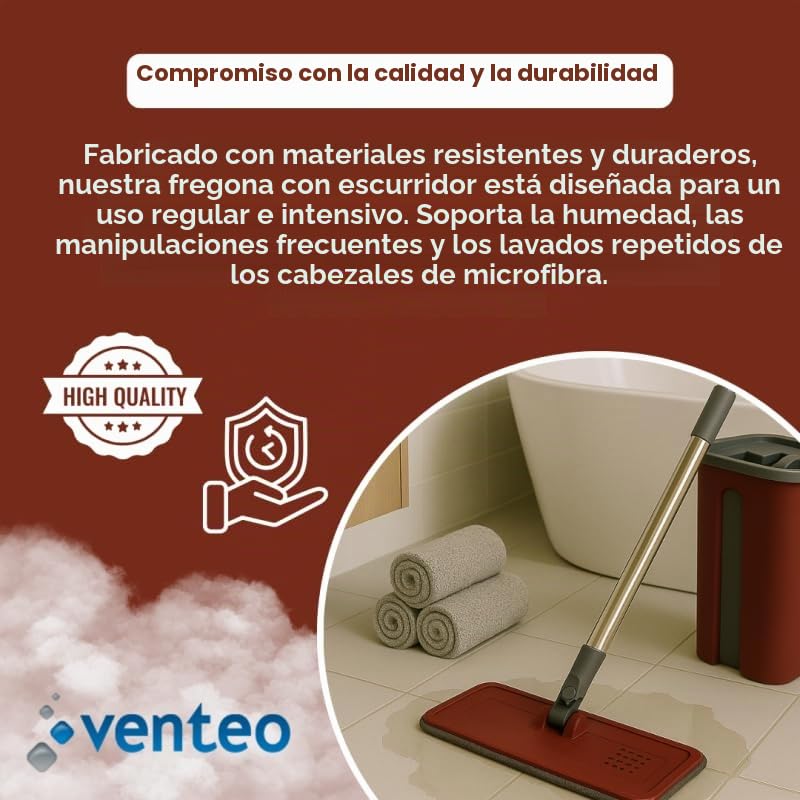 VENTEO Escoba Escurridor Extra grande con cabeza giratoria 360° | Cubo doble compartimento de limpieza y estorbado | 4 fregonas de microfibra lavable | Mango XL 130 cm con rótula con clips