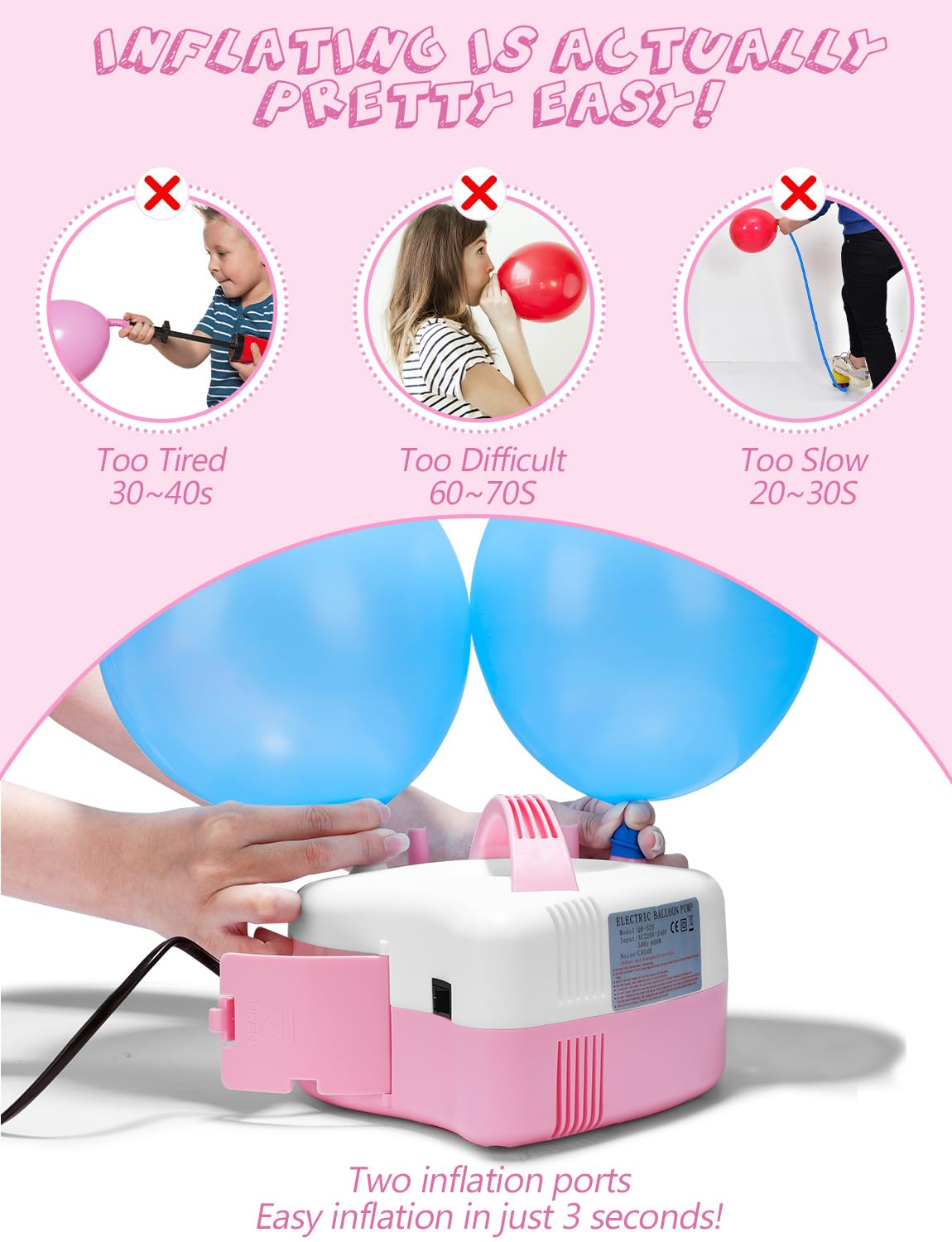 ZOVHYYA Pompa Per Palloncini Elettrica 16 PCS Portatile Doppio Ugello 220-240V 600W con Strumenti di Legatura per Decorazioni Festival