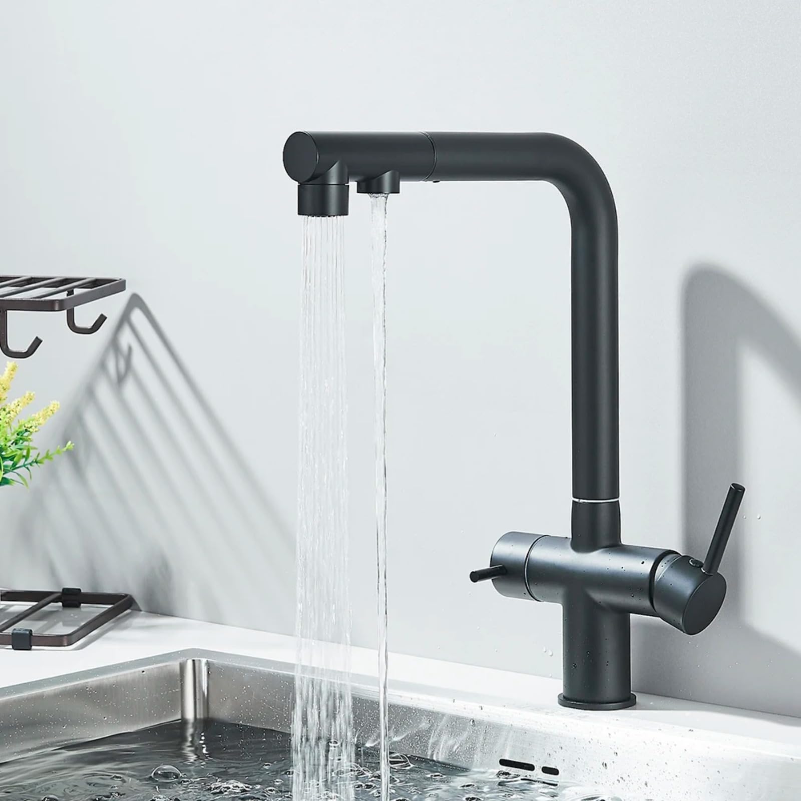 MXXQRHF Pure Water Kitchen Faucet Pull Out Swivel 2 Mode Spout Daul Handle Cold Hot Water Mixer Kitchen Filtered Water Tap Purification (Matte Black)
