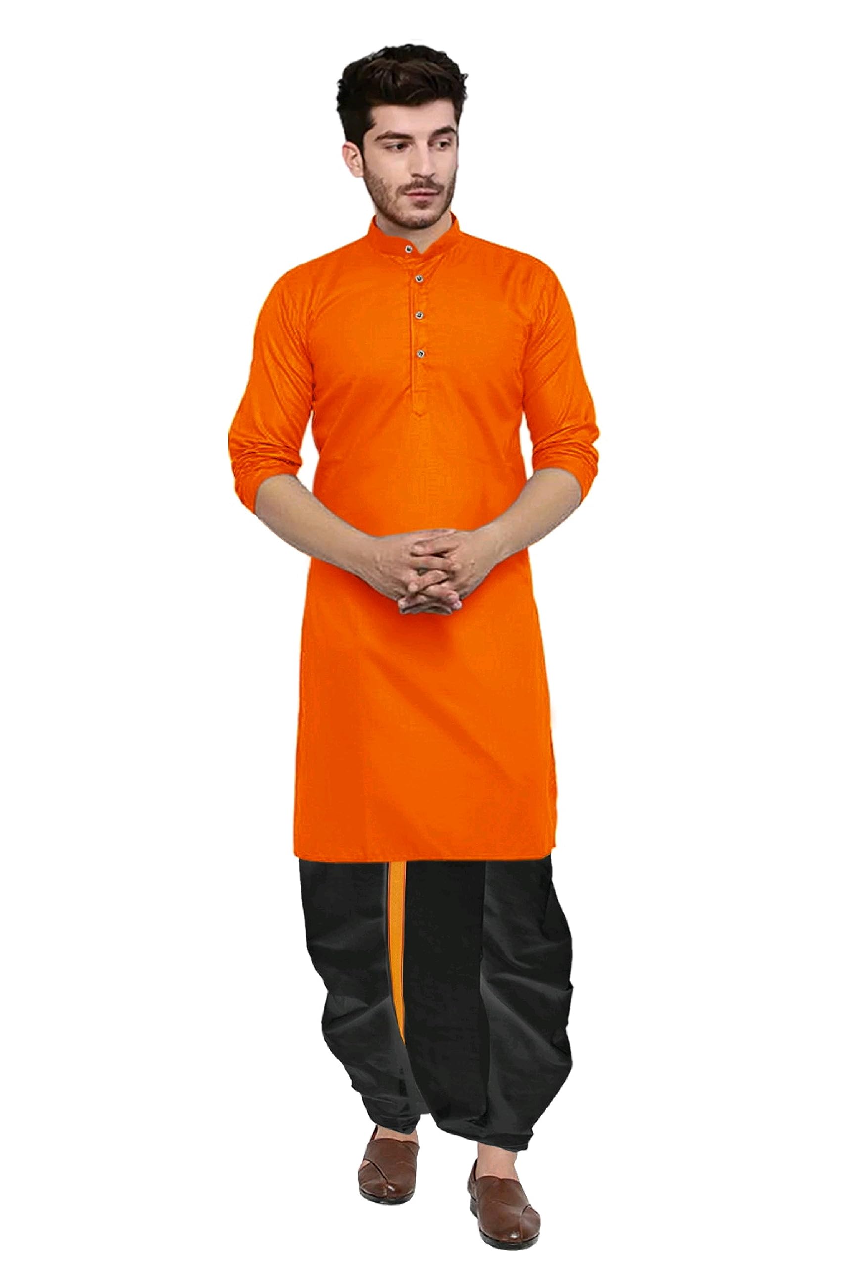 Regular Fit Men's Soild Pattern Cotton Dhoti Kurta set with Long Sleeve Round Neck and Button Down Closure Type | Readymade Maharaj Dhoti-image-9