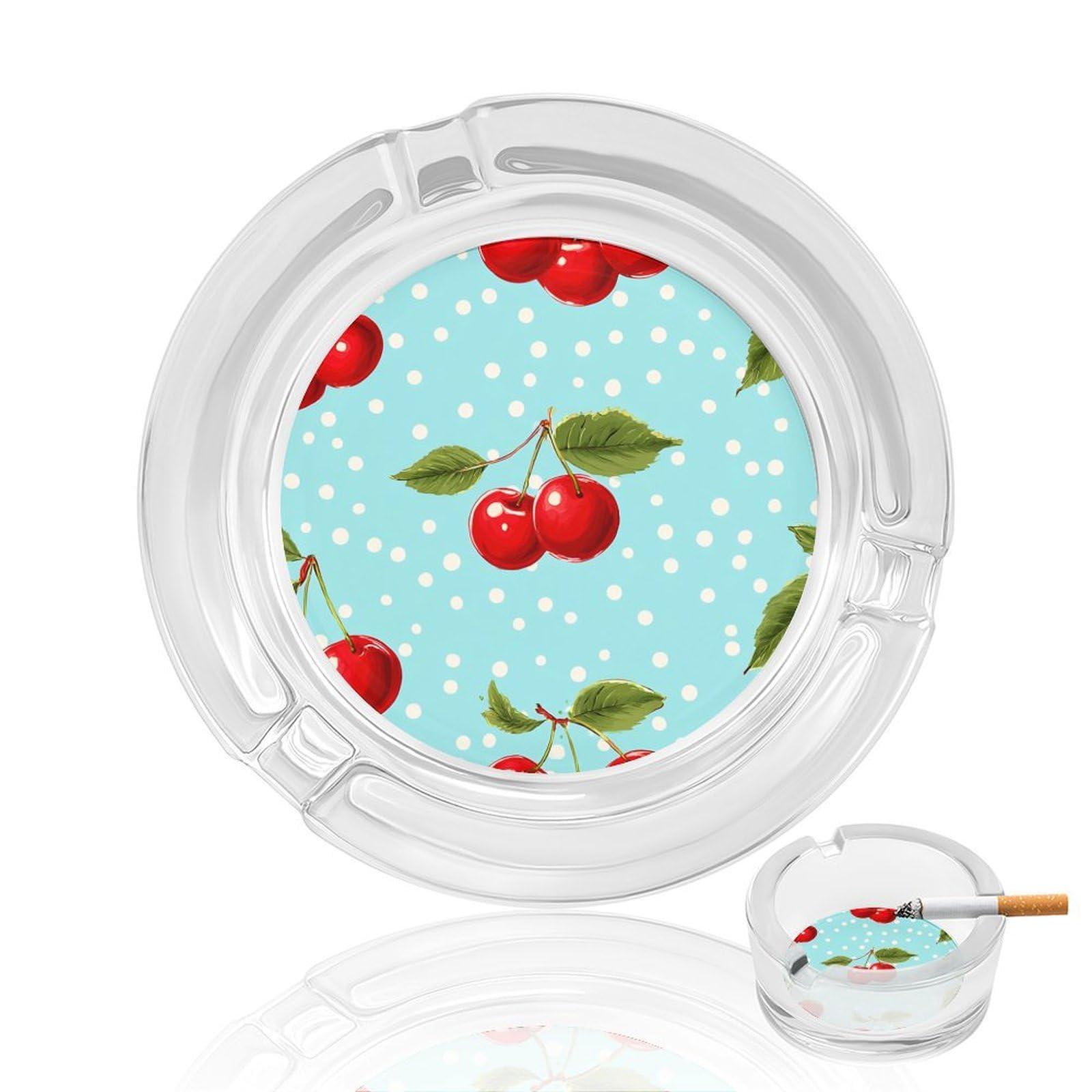 Red Cherries on A Polka Dot Blue Glass Ashtray for Cigarettes Portable Decorative Ash Trays for Home Office Decor