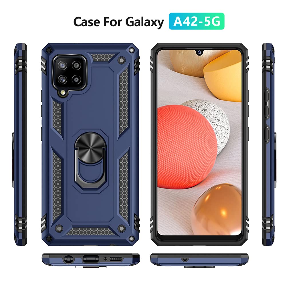 YZOK for Galaxy A42 5G Case,with HD Screen Protector,[Military Grade] Ring Car Mount Kickstand Hybrid Hard PC Soft TPU Shockproof Protective Case for Samsung Galaxy A42 5G (Blue)