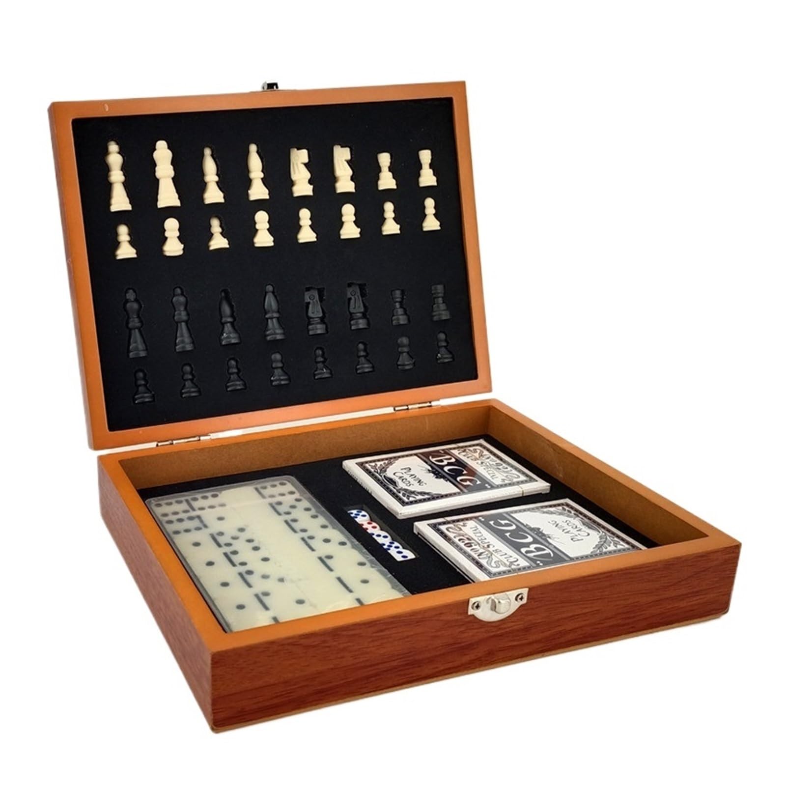 schachspiel Professionelles, tragbares Schachset, faltbares Schachbrettspiel mit Dominosteinen, Würfeln und Spielkarten for Erwachsene und Kinder